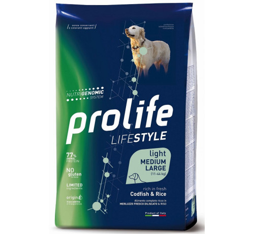 Prolife LifeStyle Light per Cani Adult Medium/Large con Merluzzo e Riso da 12 Kg
