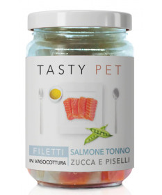 Tasty Pet Filetti di Salmone e Tonno con Zucca e Piselli per Cani da 80 gr