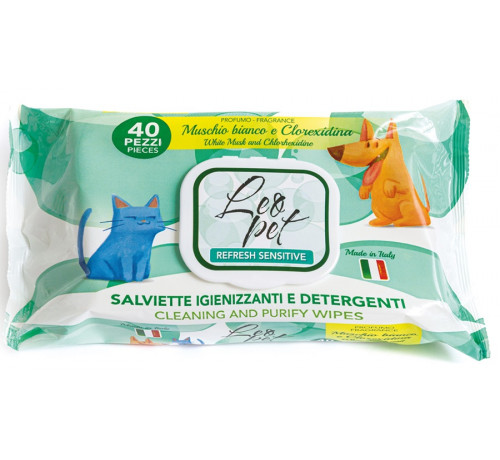 LeoPet salviette detergenti per cani e gatti al Muschio Bianco e Clorexidina da 40 pz