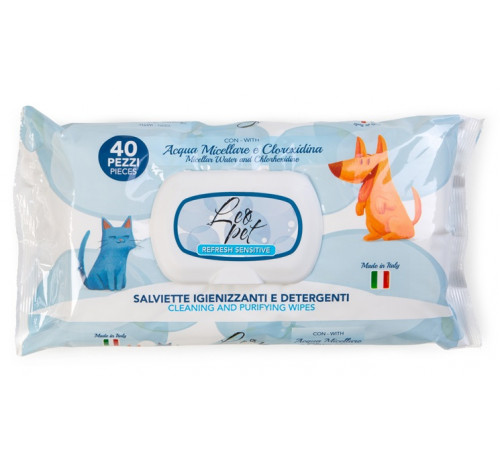 LeoPet salviette detergenti per cani e gatti con Acqua Micellare e Clorexidina da 40 pz
