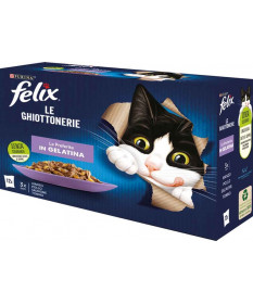 Purina Felix Le Ghiottonerie Le Preferite in Gelatina Multipack con Manzo, Pollo, Salmone e Tonno 12 bst da 85 gr 