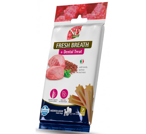 Farmina N&D Quinoa Snack Fresh Breath+Dental Treat per cani Adult M/M con Agnello, Quinoa e Menta da 7 pz