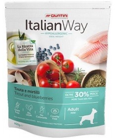 Italian Way Hypoallergenic Ideal Weight per Cani Adult Mini con Trota e Mirtilli da 1,5 Kg