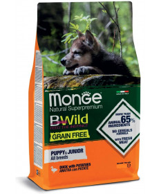 Monge Natural Superpremium BWild Grain Free per Cani Puppy&Junior All Breeds con Anatra e Patate da 12 Kg