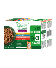 Natural Trainer Straccetti Multipack per Gatti Sterilizzati con Salmone, Pollo, Tonno e Manzo da 9+3 bst da 85 gr