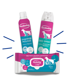 Inodorina Kit Talco - Shampoo Mousse, Deodorante Spray e Salviette per Cani e Gatti 