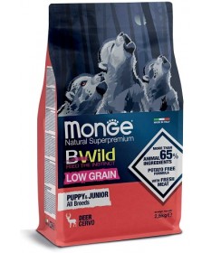 Monge Natural Superpremium BWild Low Grain per Cani Puppy&Junior All Breeds con Cervo da 2,5 Kg